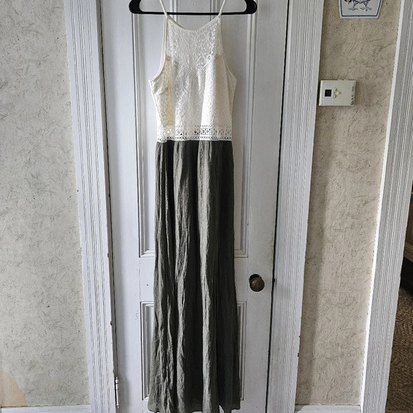 Iz Byer Cream Lace Olive Green BoHo Maxi Dress Large - Picture 1 of 10